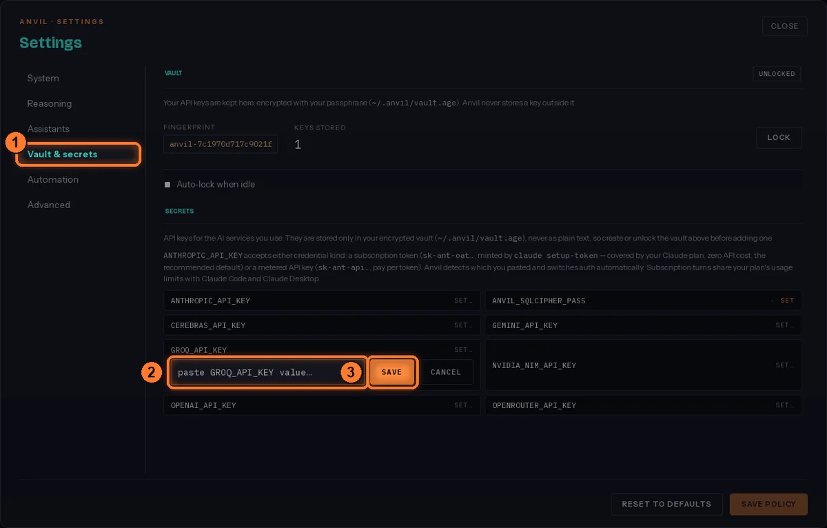 Settings, Vault and secrets, with the paste field and Save button open on a key