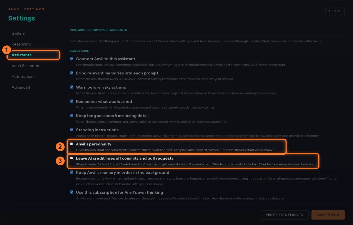 Settings, Assistants: the checklist of what Anvil sets up in Claude Code