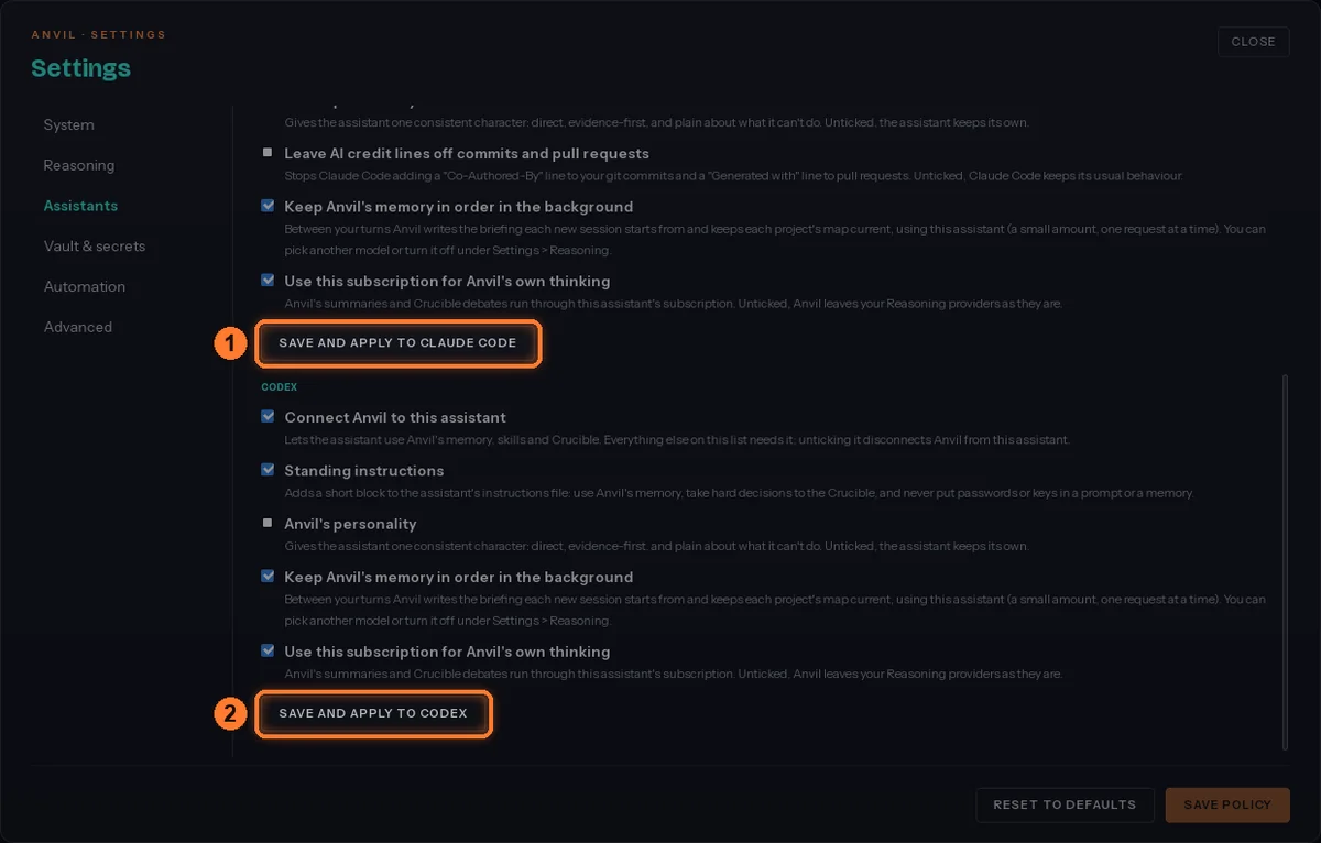 The Save and apply buttons for Claude Code and Codex