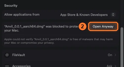 System Settings, Privacy and Security: the blocked disk image with an Open Anyway button