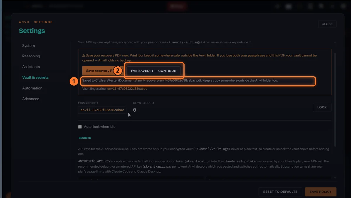 Anvil shows where the recovery PDF was saved, and the I have saved it, continue button is now active