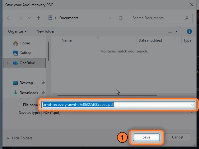 The Save your Anvil recovery PDF dialog, open on Documents with the file name filled in