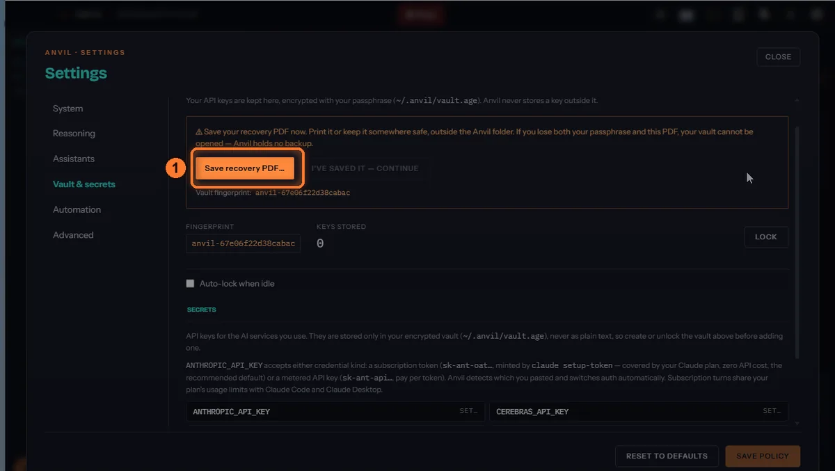 Settings after the vault is created: a notice to save the recovery PDF, with the Save recovery PDF button