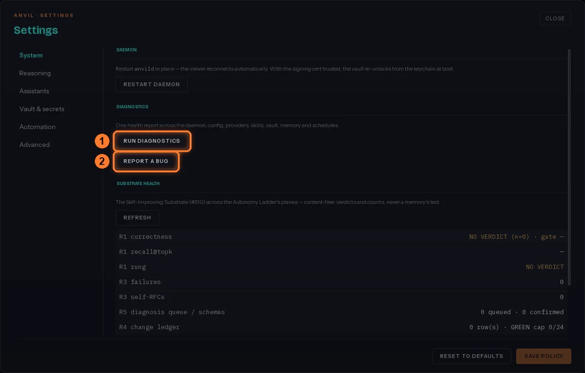 Settings, System: Run diagnostics and Report a bug buttons