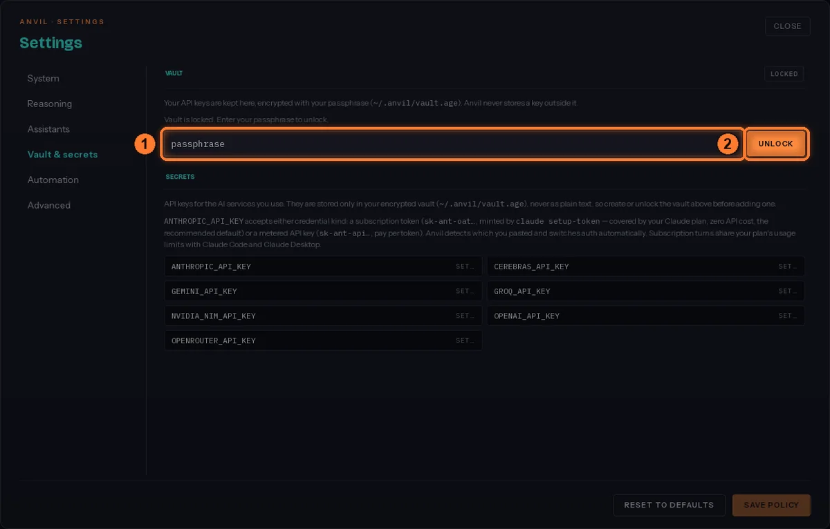 Anvil Settings showing a locked vault with a passphrase field and an Unlock button