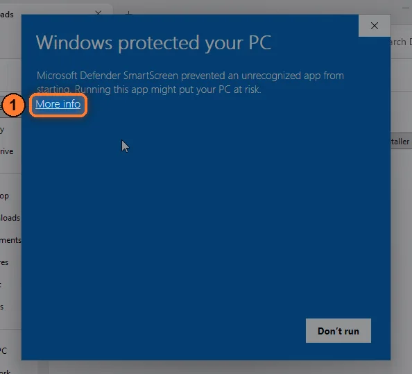 Windows protected your PC, with the More info link highlighted