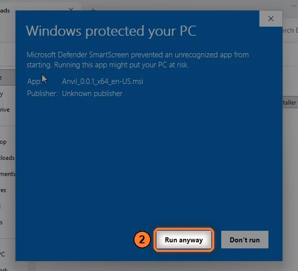 Windows protected your PC, with the Run anyway button highlighted