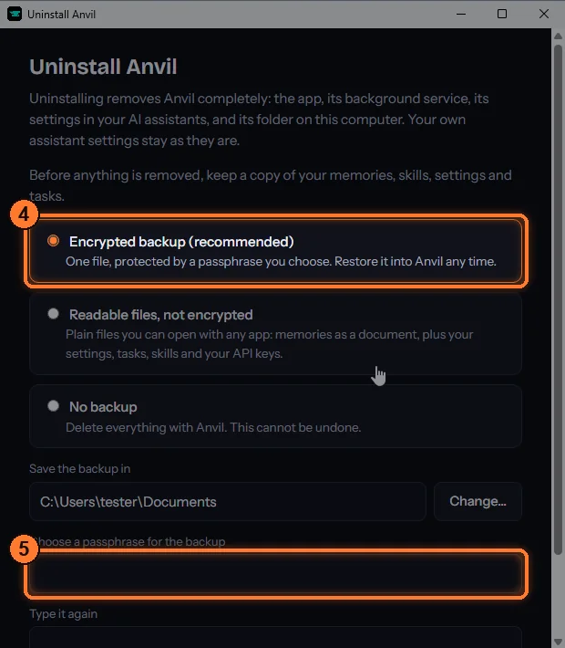 Anvil's own uninstall screen with backup choices