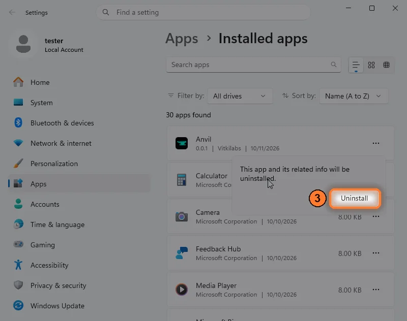 Windows asks to confirm the uninstall