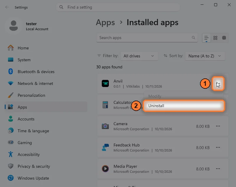 Windows Settings, Installed apps, with the Anvil options menu open on Uninstall